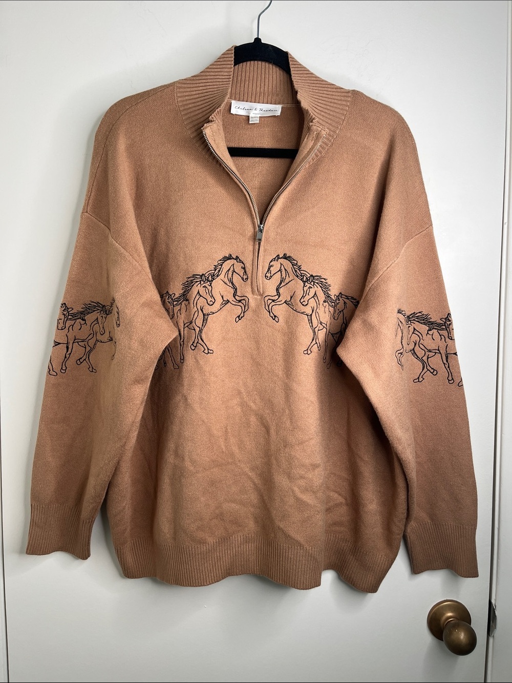 Chelsea & Theodore Women 3X Camel Horse Embroidered Quarter Zip Sweater Western